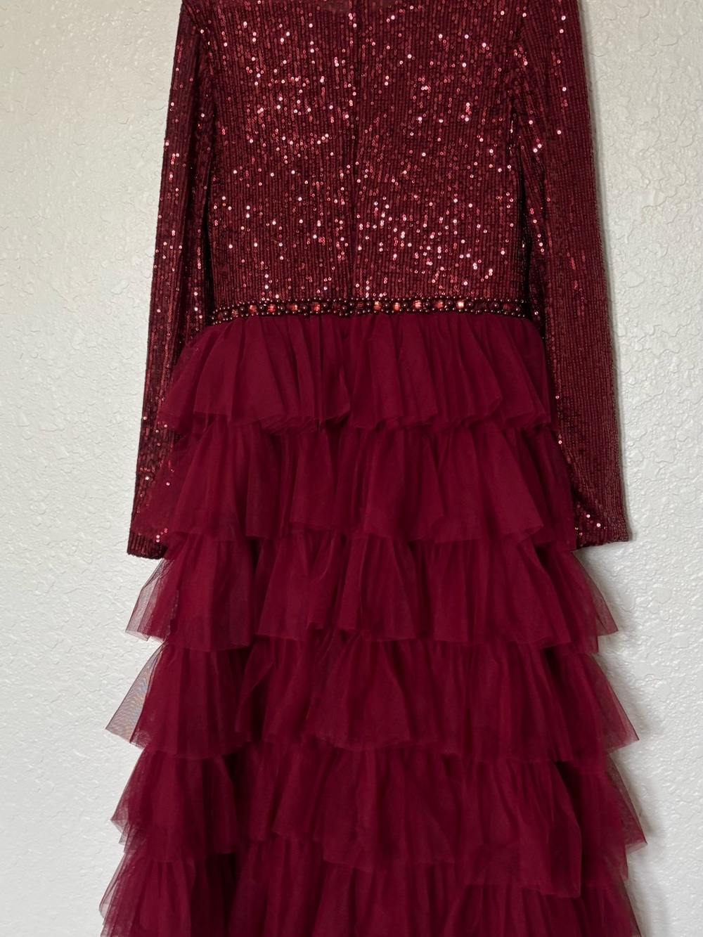 IEENA for Mac Duggal Style 26299 Burgundy Sequin Bodice Tiered Tulle Midi Dress - Picture 8 of 16